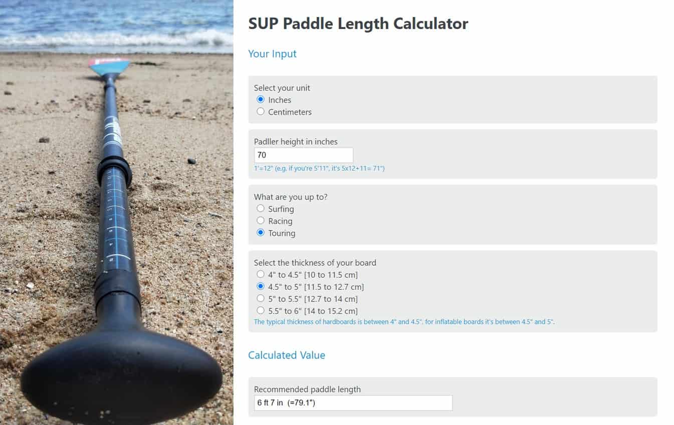 Screenshot SUP paddle length calculator