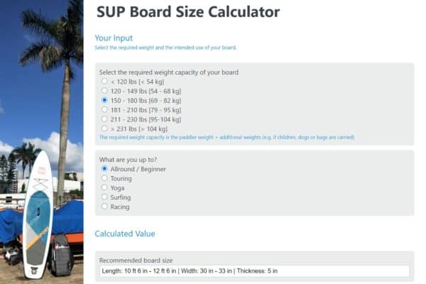 Screenshot SUP Board Size Calculator