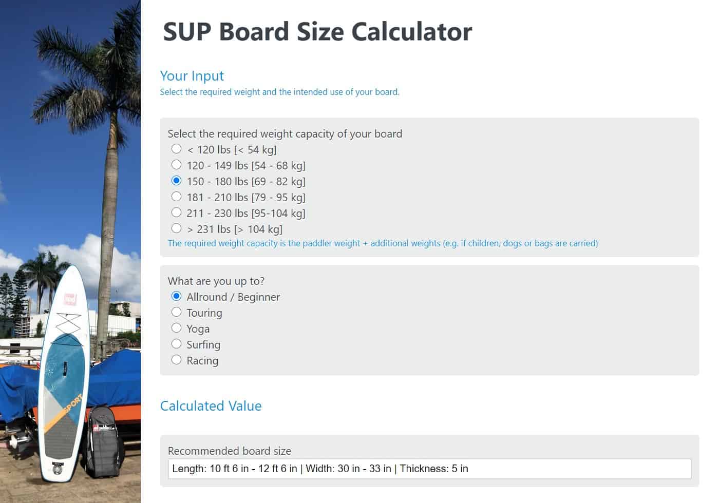 Screenshot SUP Board Size Calculator